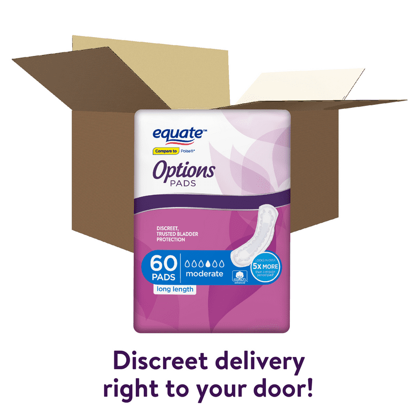 Wholesale prices with free shipping all over United States Equate Options Women's Incontinence Pads, Long Length (60 Count) - Steven Deals