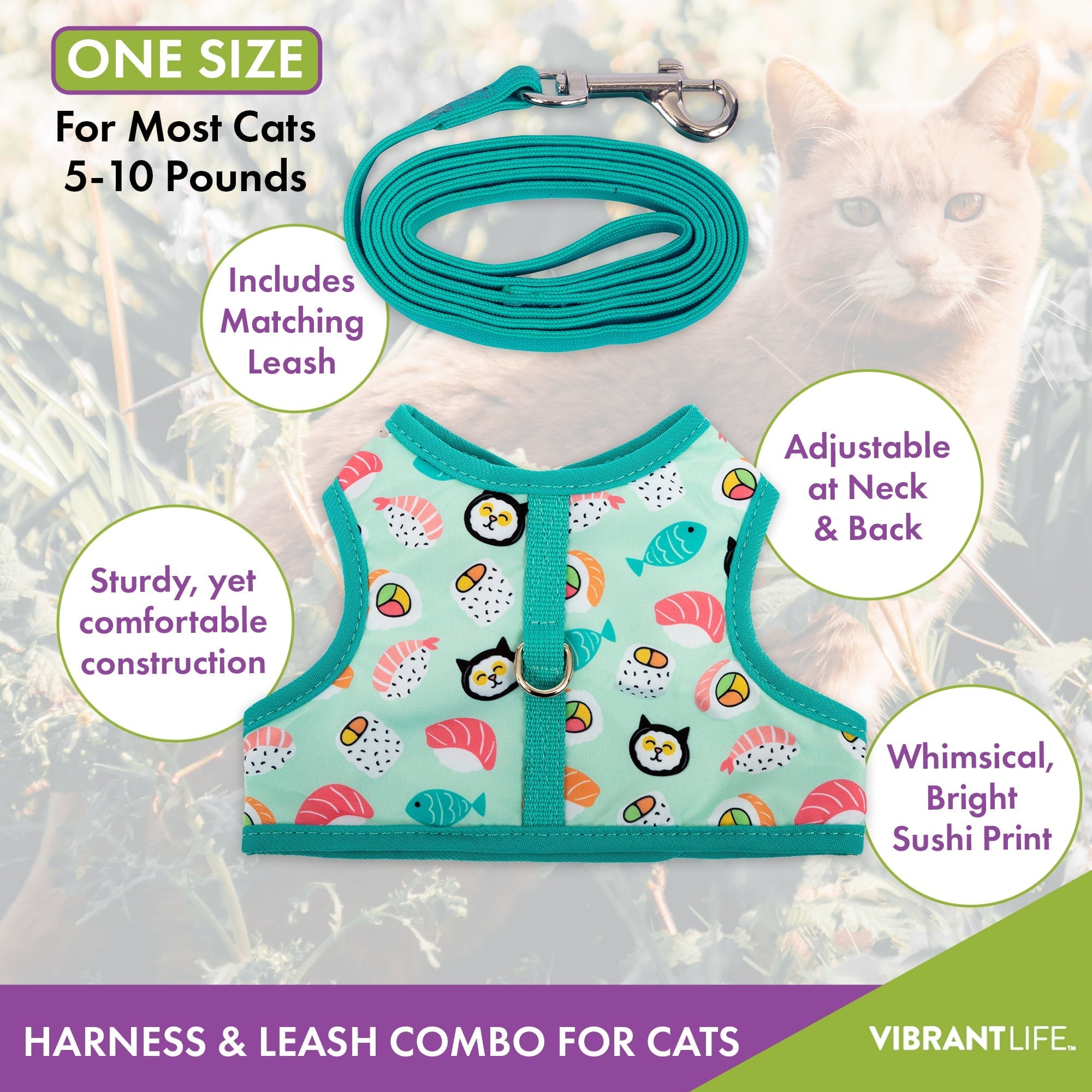 Wholesale prices with free shipping all over United States Vibrant Life Polyester Sushi Walking Cat Harness, Teal, One Size (12