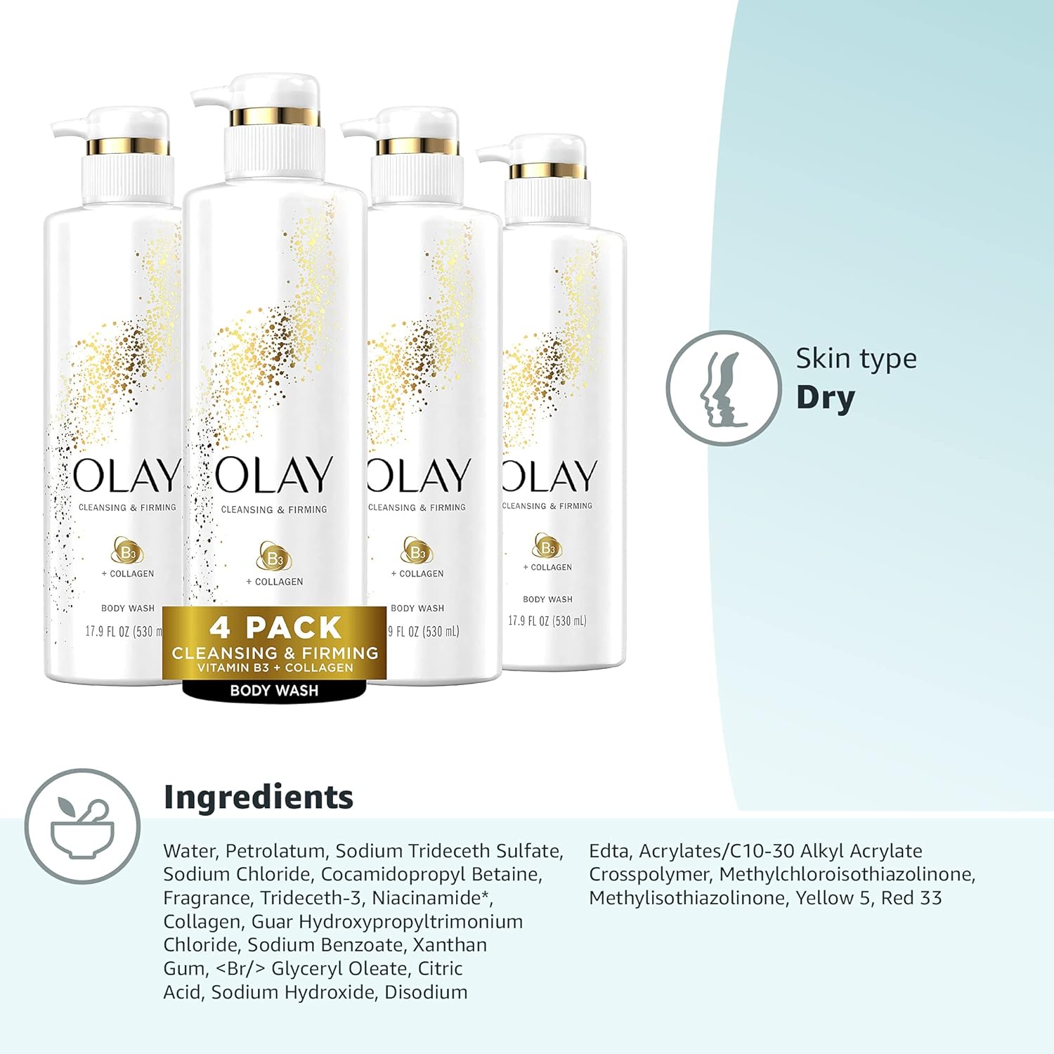Wholesale prices with free shipping all over United States Olay Cleansing & Firming Body Wash with Vitamin B3 and Collagen, 20 fl oz (Pack of 4) - Steven Deals