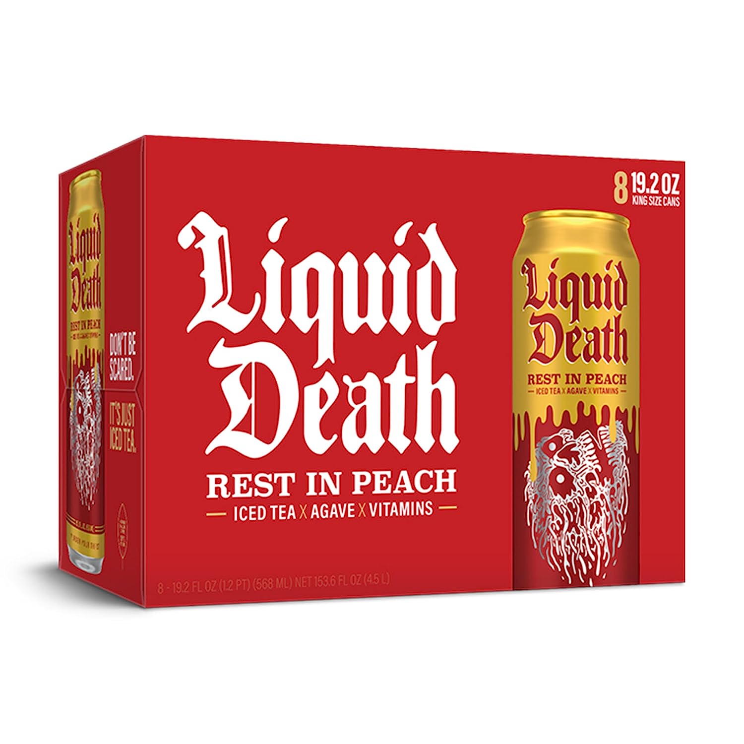 Wholesale prices with free shipping all over United States Liquid Death Iced Black Tea, Rest in Peach 19.2 oz King Size Cans (8-Pack) - Steven Deals