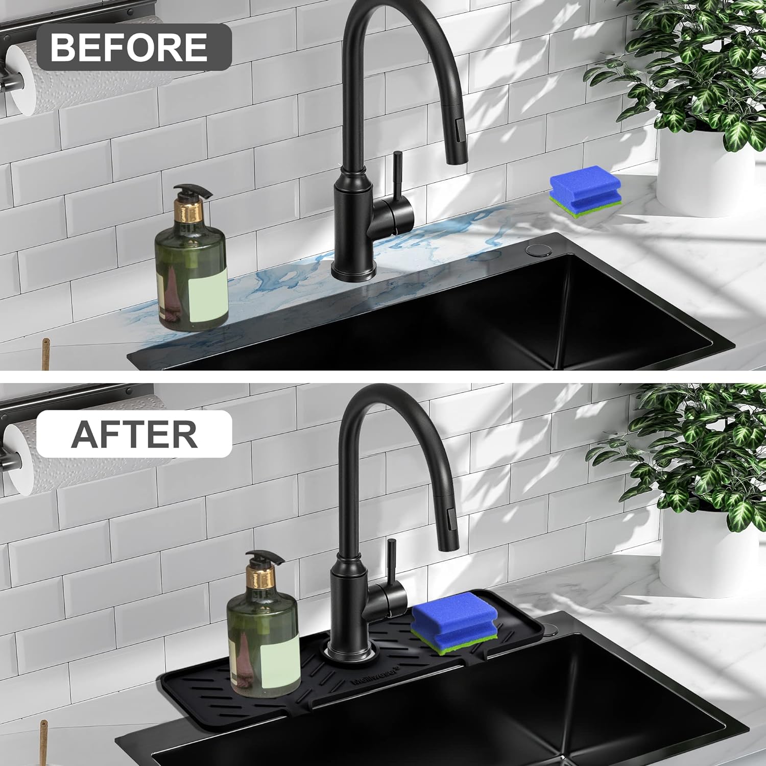 Wholesale prices with free shipping all over United States Meiliweser Silicone Faucet Splash Guard Gen 2 - Outlet & Slope Upgraded Faucet Water Catcher Mat - 18” x 5.1” - Sink Sponge Holder for Kitchen, Bathroom(Black) - Steven Deals