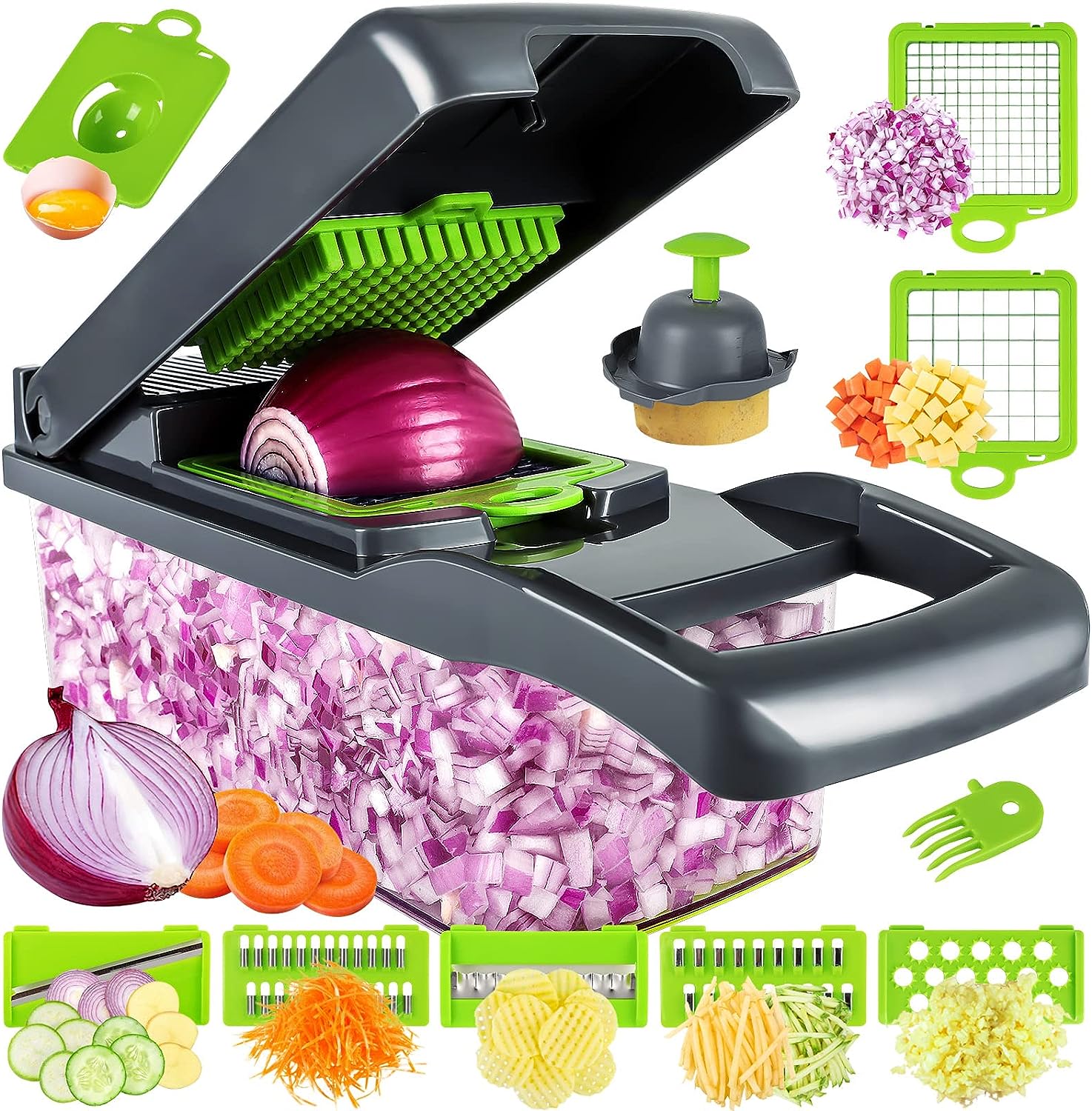 Wholesale prices with free shipping all over United States Vegetable Chopper, Pro Onion Chopper, Multifunctional 13 in 1 Food Chopper, Kitchen Vegetable Slicer Dicer Cutter,Veggie Chopper With 8 Blades,Carrot and Garlic Chopper With Container - Steven Deals