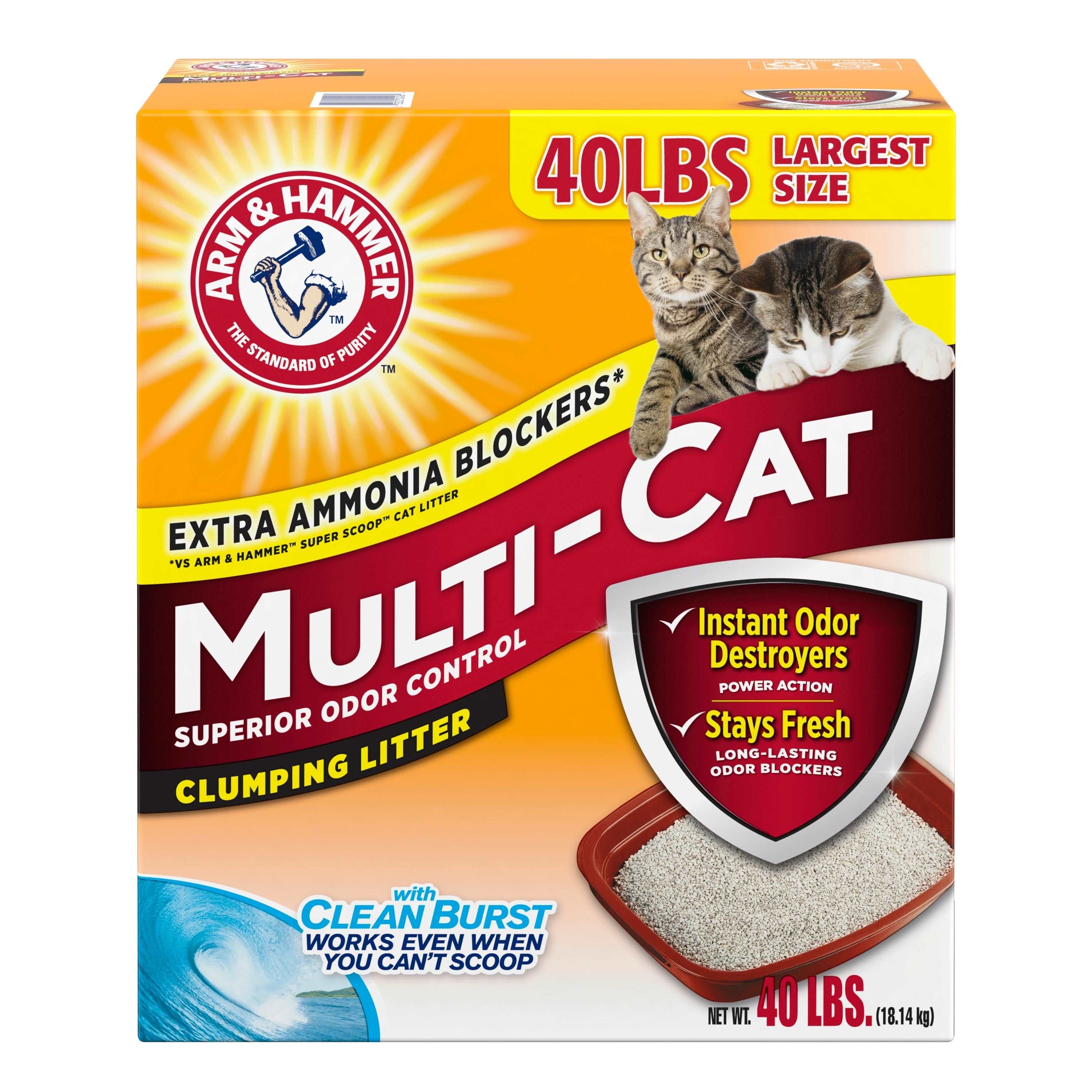 Wholesale prices with free shipping all over United States Arm & Hammer Multi-Cat Superior Odor Control with Clean Burst Clumping Cat Litter, 40lb - Steven Deals