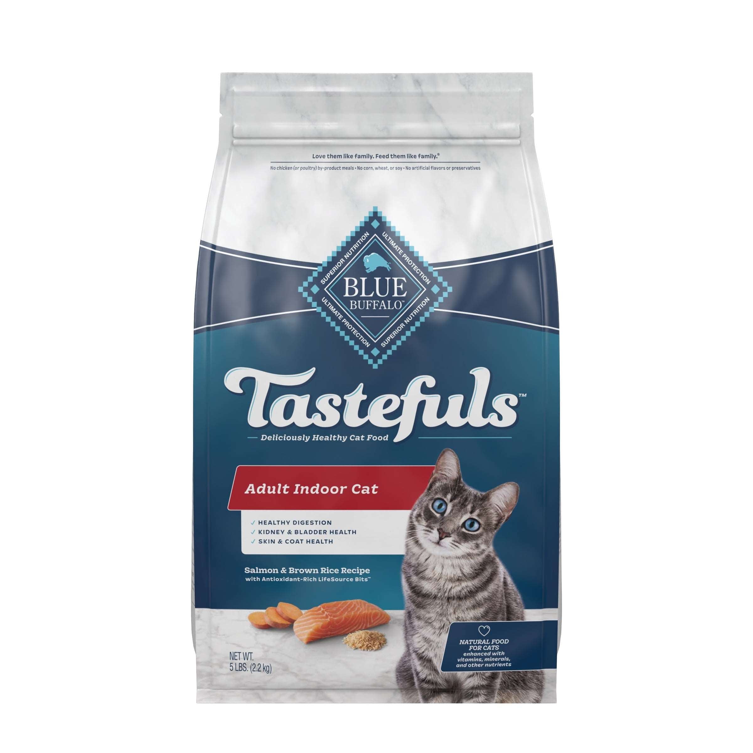 Wholesale prices with free shipping all over United States Blue Buffalo Tastefuls Indoor Natural Adult Dry Cat Food, Salmon 5lb bag - Steven Deals
