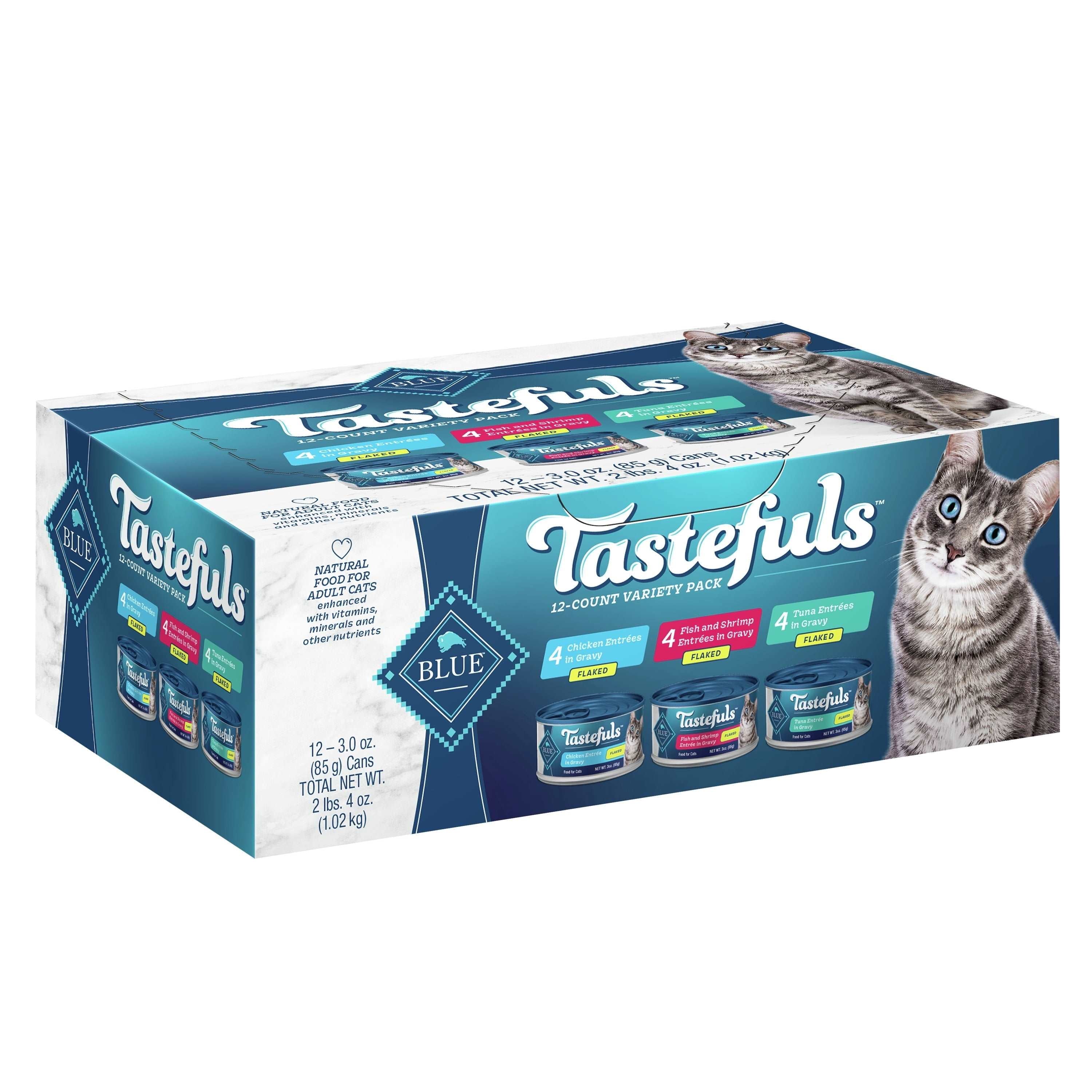 Wholesale prices with free shipping all over United States Blue Buffalo Tastefuls Tuna, Chicken, & Fish and Shrimp Flaked Wet Cat Food Variety Pack for Adult Cats, 3 oz. Cans (12 Pack) - Steven Deals