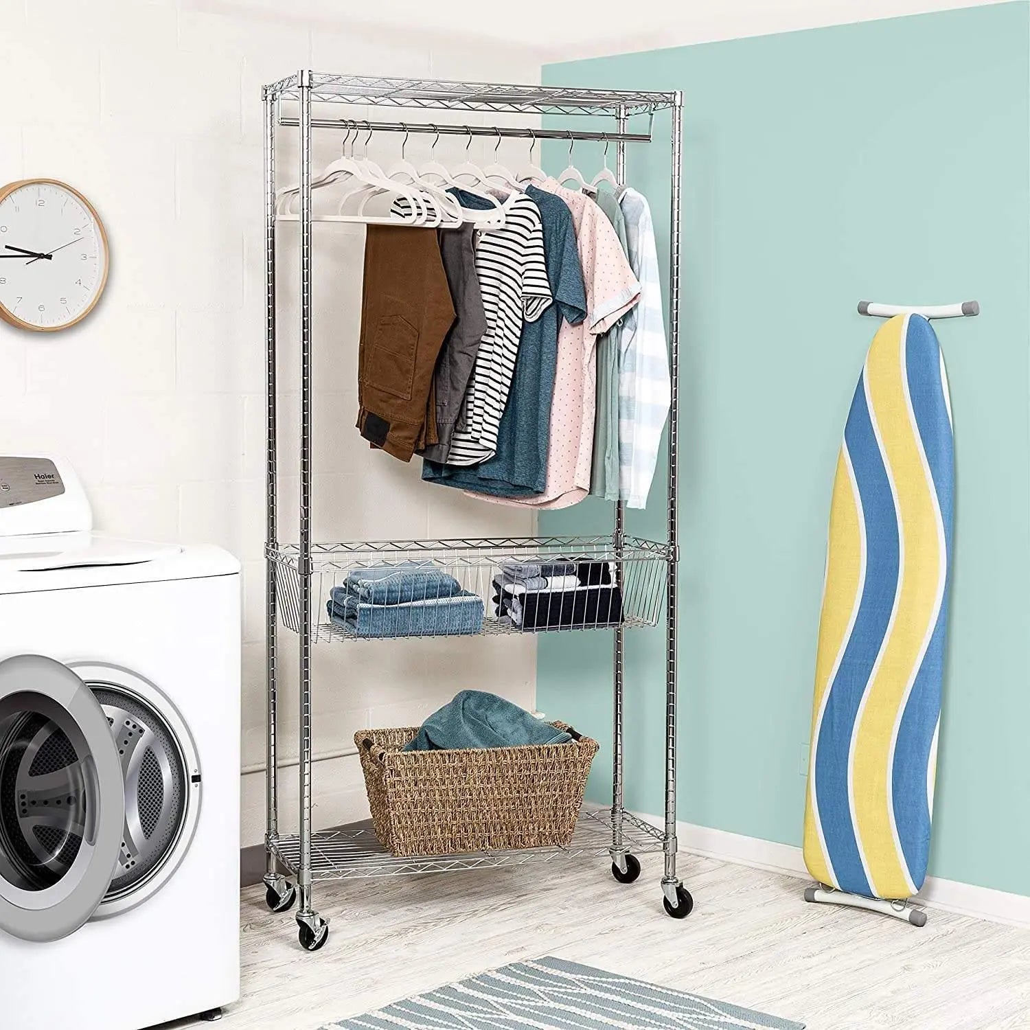 Wholesale prices with free shipping all over United States Honey-Can-Do Chrome Rolling Laundry Clothes Rack with Shelves - Steven Deals