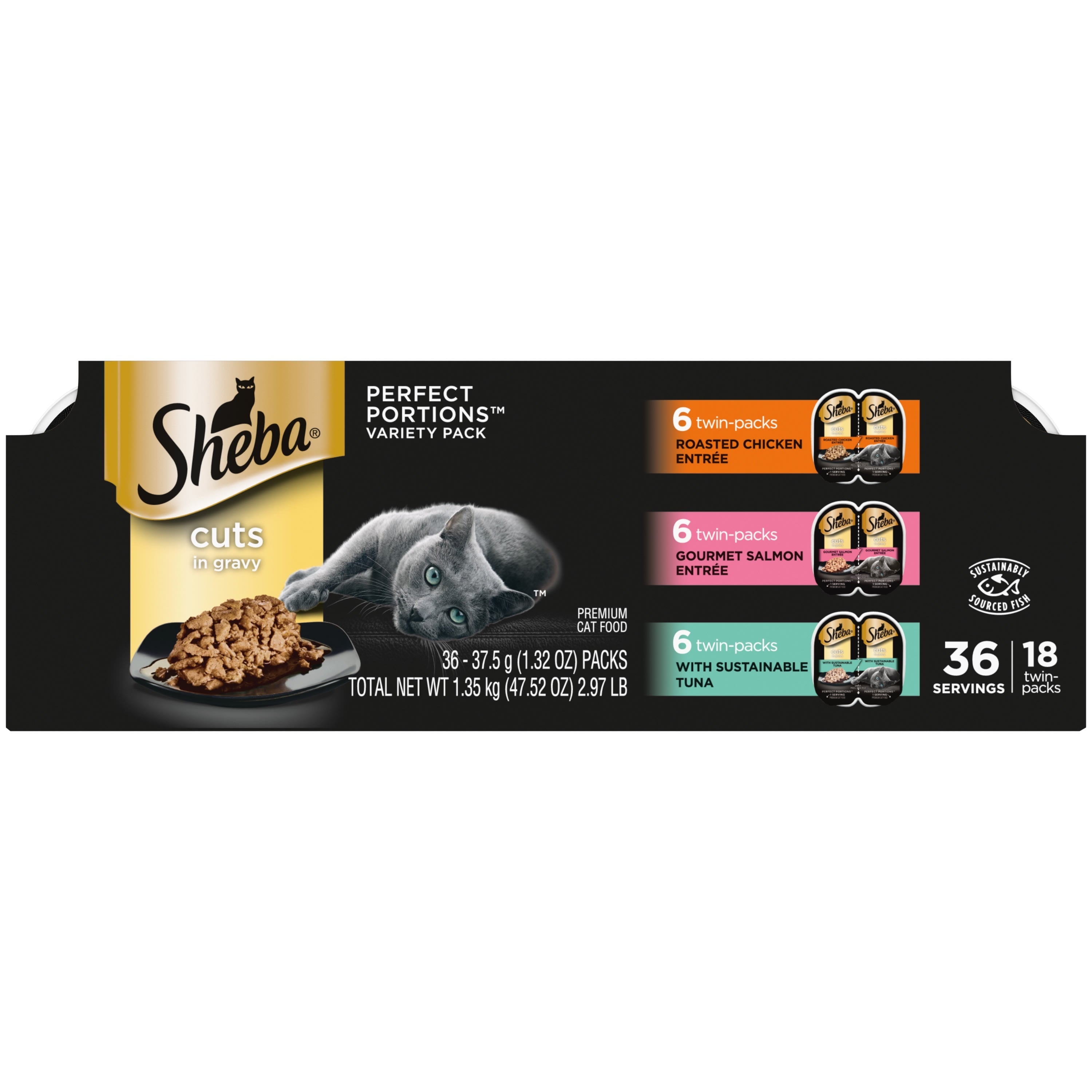 Wholesale prices with free shipping all over United States SHEBA Wet Cat Food Cuts in Gravy Variety Pack, With Sustainable Tuna and Roasted Chicken Entree and Gourmet Salmon Entree, (18) 2.6 oz. PERFECT PORTIONS Twin-Pack Trays - Steven Deals
