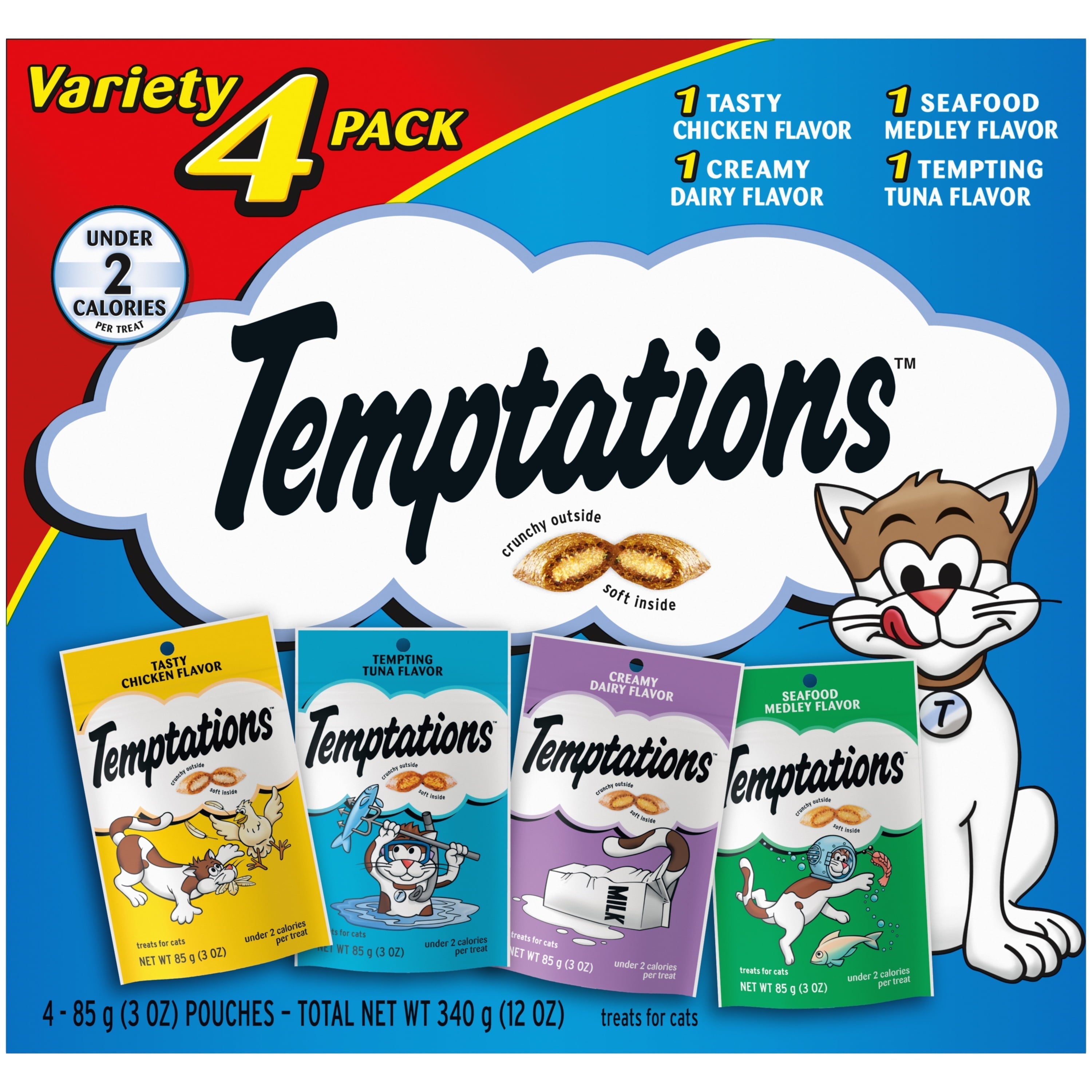 Wholesale prices with free shipping all over United States TEMPTATIONS Classic, Crunchy and Soft Cat Treats Feline Favorites Variety Pack, Seafood Medley, Tasty Chicken, Creamy Dairy, and Tempting Tuna, (4) 3 oz. Pouches - Steven Deals