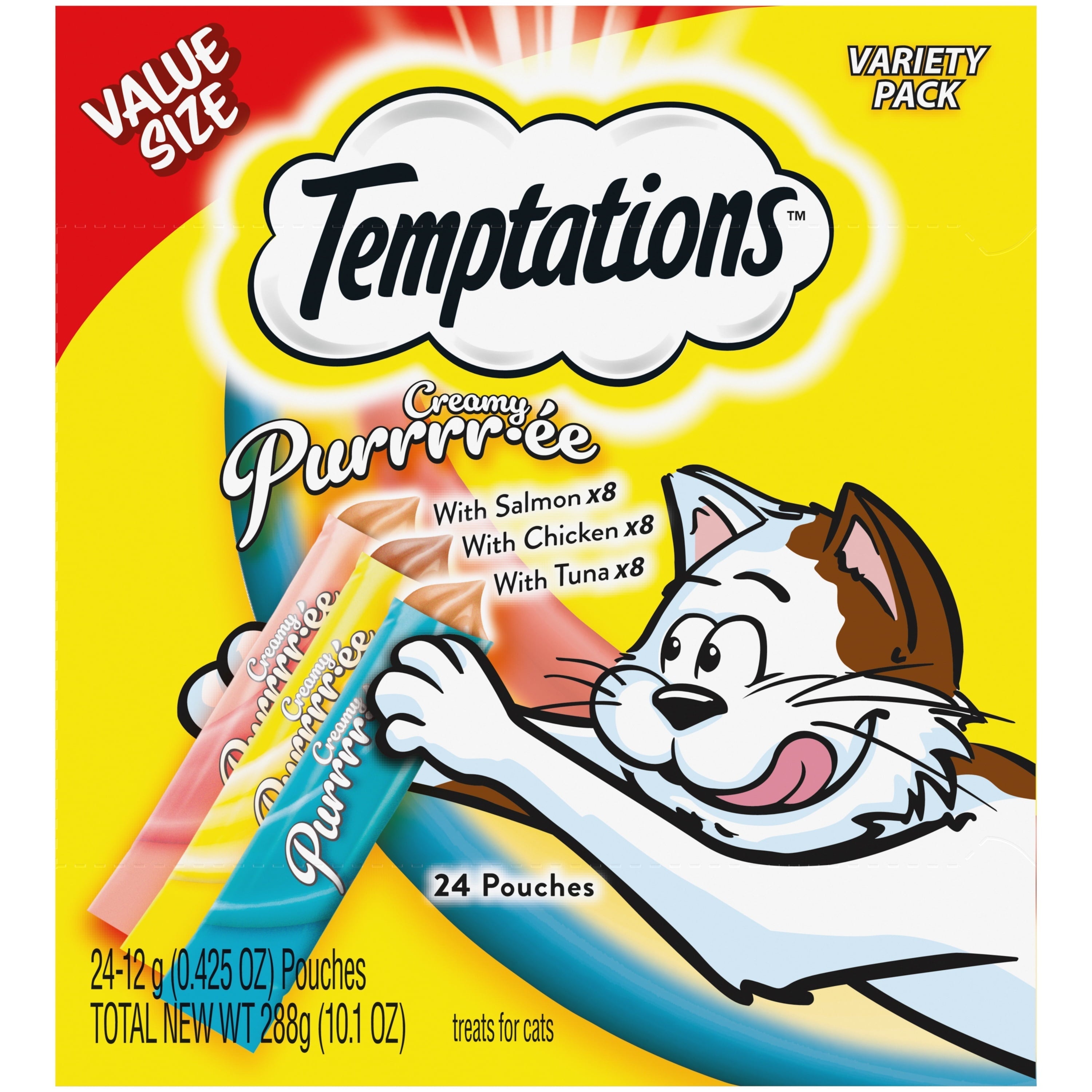 Wholesale prices with free shipping all over United States TEMPTATIONS Creamy Puree Chicken, Salmon, and Tuna Lickable Cat Treats Variety Pack, (24) 12g Pouches - Steven Deals