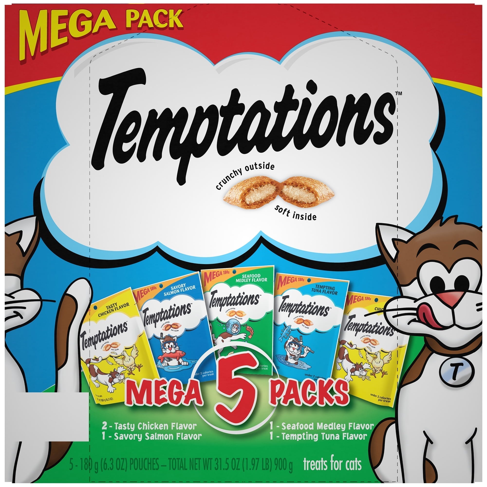 Wholesale prices with free shipping all over United States Temptations Classic, Crunchy and Soft Cat Treats Feline Favorites Variety Pack, (5) 6.3 oz Pouches - Steven Deals