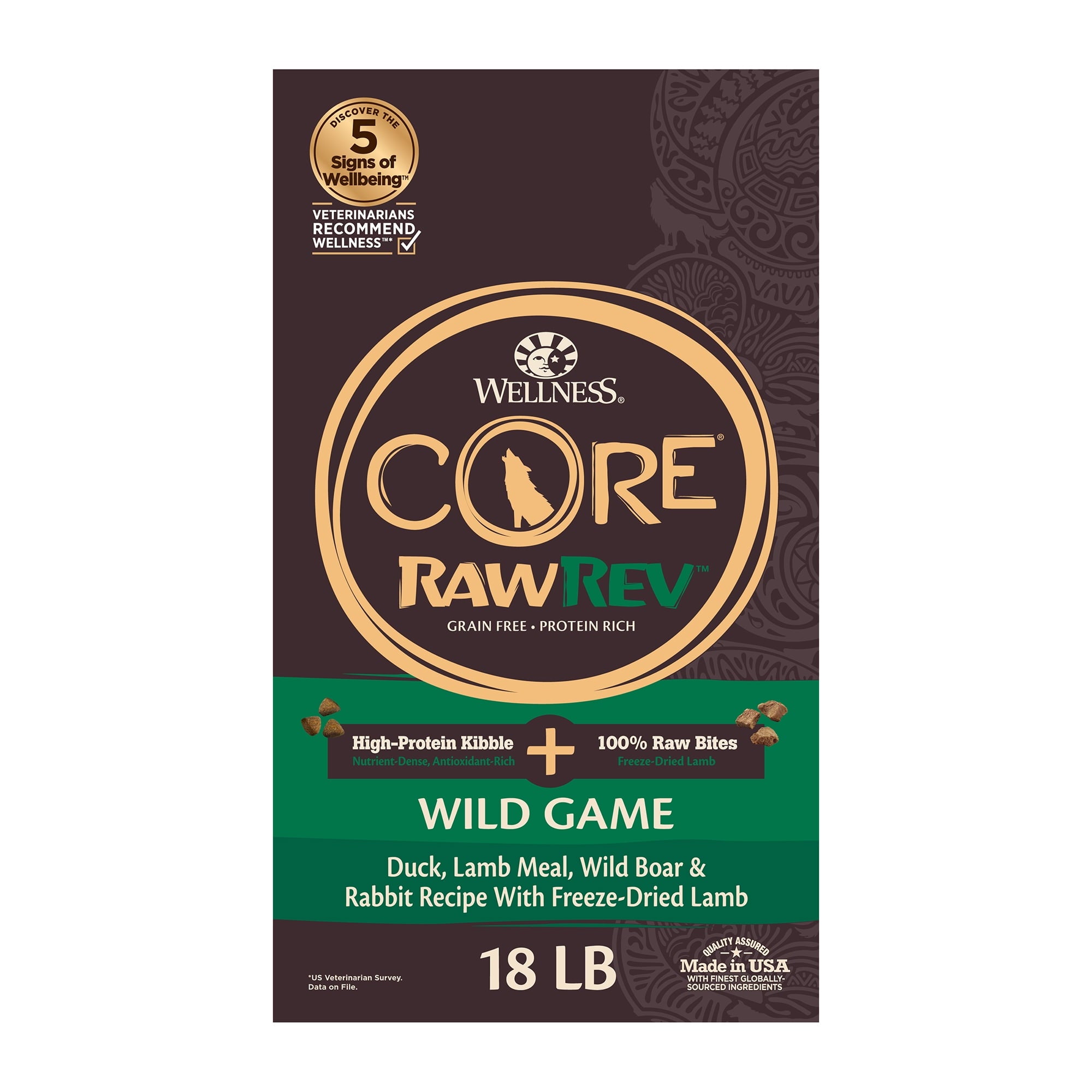 Wholesale prices with free shipping all over United States Wellness CORE RawRev Natural Grain Free Dry Dog Food, Wild Game Duck, Wild Boar & Rabbit with Freeze Dried Lamb, 18-Pound Bag - Steven Deals