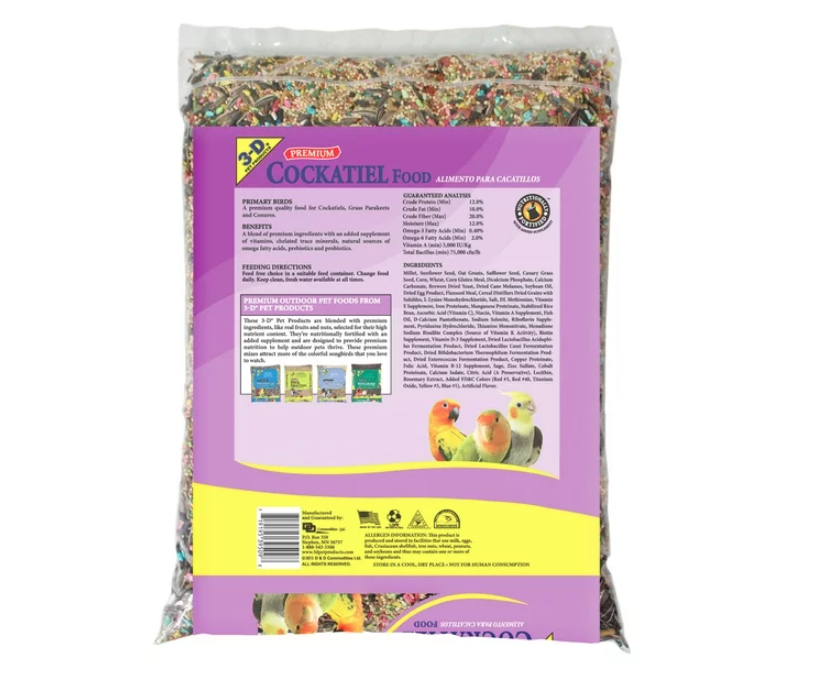 Wholesale prices with free shipping all over United States 3-D Pet Products Premium Cockatiel Mix Bird Food Seeds, with Probiotics, 9 lb. Bag - Steven Deals