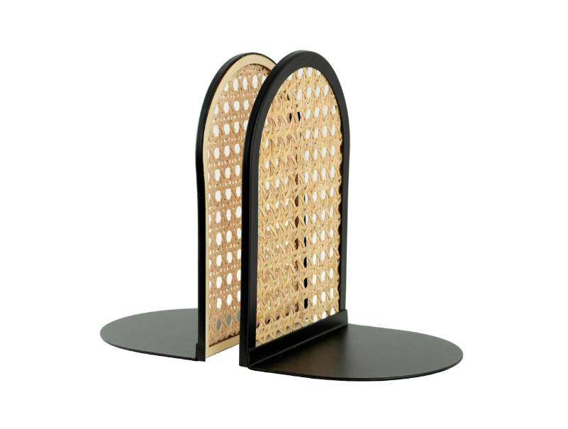 Wholesale prices with free shipping all over United States Arched Black Metal and Natural Rattan Indoor Tabletop Bookends - Steven Deals
