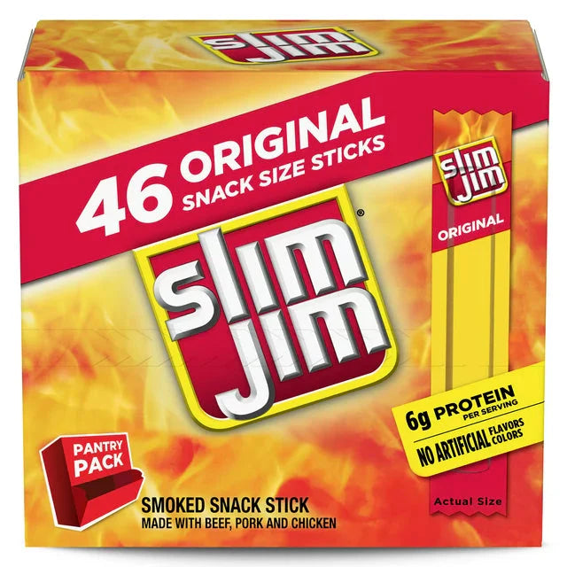 Wholesale prices with free shipping all over United States Slim Jim Original Smoked Snack Sized Sticks Pantry Pack, 0.28 oz. Meat Sticks, 46-ct Box - Steven Deals