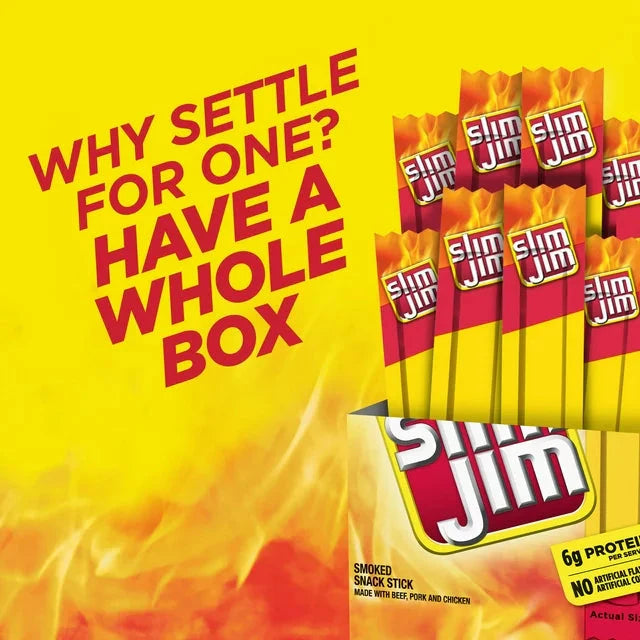 Wholesale prices with free shipping all over United States Slim Jim Original Snack Size Stick 0.28 oz Meat Snacks, 26 Count Box - Steven Deals