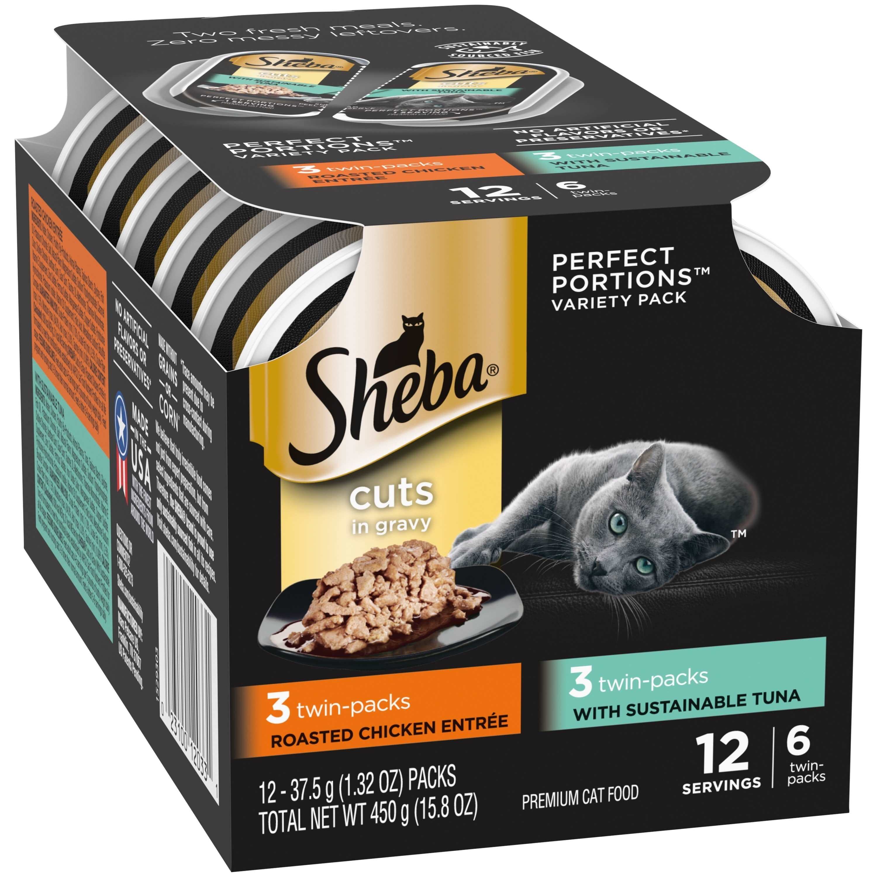 Wholesale prices with free shipping all over United States SHEBA Wet Cat Food Cuts in Gravy Variety Pack, With Sustainable Tuna and Roasted Chicken Entree, (6) 2.6 oz. PERFECT PORTIONS Twin-Pack Trays - Steven Deals