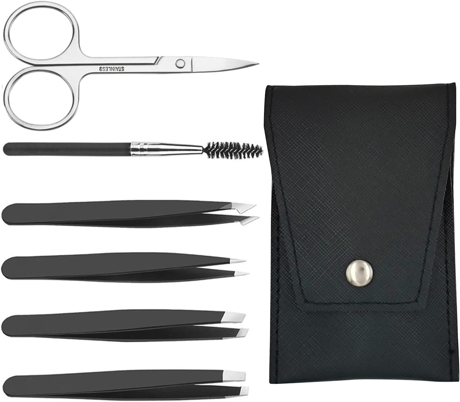 Wholesale prices with free shipping all over United States 6 PCS Eyebrow Tweezers Professional Set, Stainless Steel Eyebrow Trimming Kit for Women/Men, with Curved Scissors, Hair Plucking Daily Beauty Tools with Leather Travel Case - Steven Deals