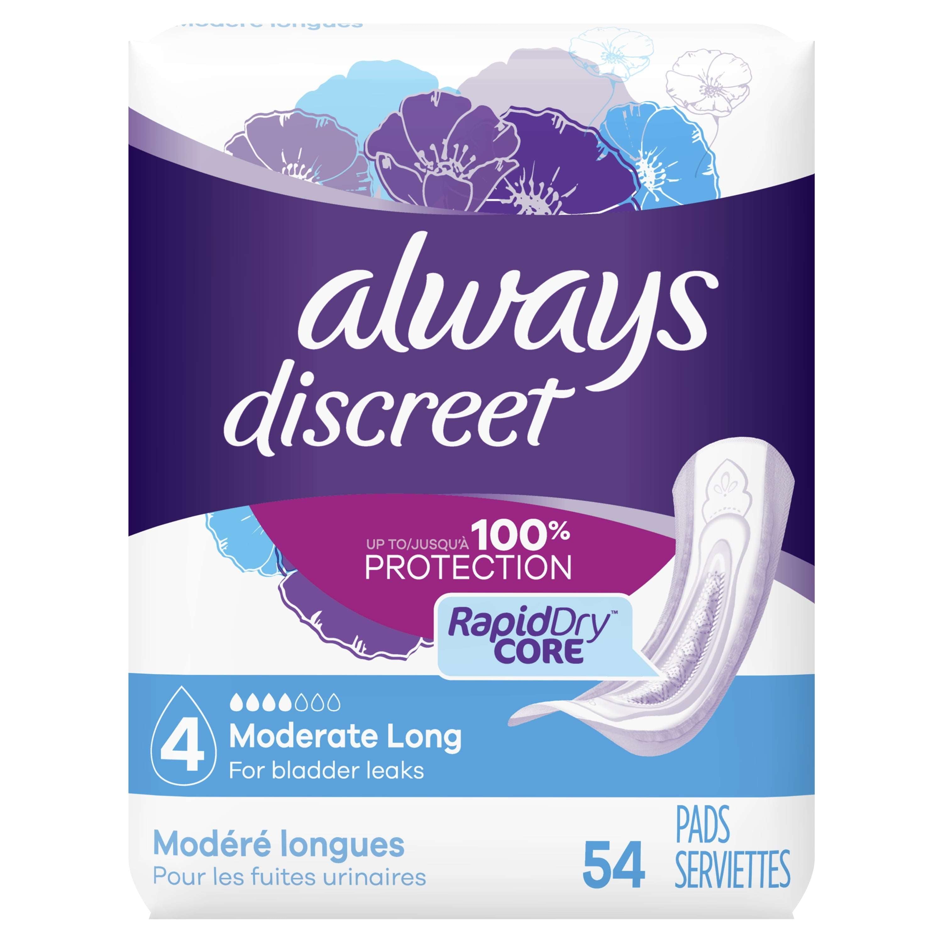 Wholesale prices with free shipping all over United States Always Discreet Incontinence Pads for Women, Moderate Long, 54 Count - Steven Deals