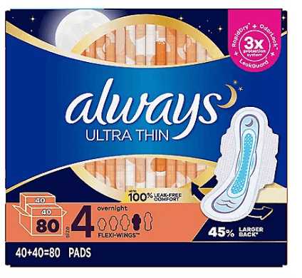 Wholesale prices with free shipping all over United States Always Ultra Thin Overnight Pads, Unscented - Size 4 (80 ct.) - Steven Deals