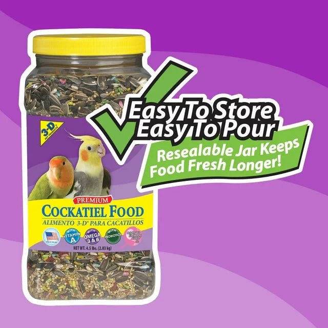 Wholesale prices with free shipping all over United States 3-D Pet Products Premium Cockatiel Bird Food Seeds, with Probiotics, 4.5 lb. Stay Fresh Jar - Steven Deals