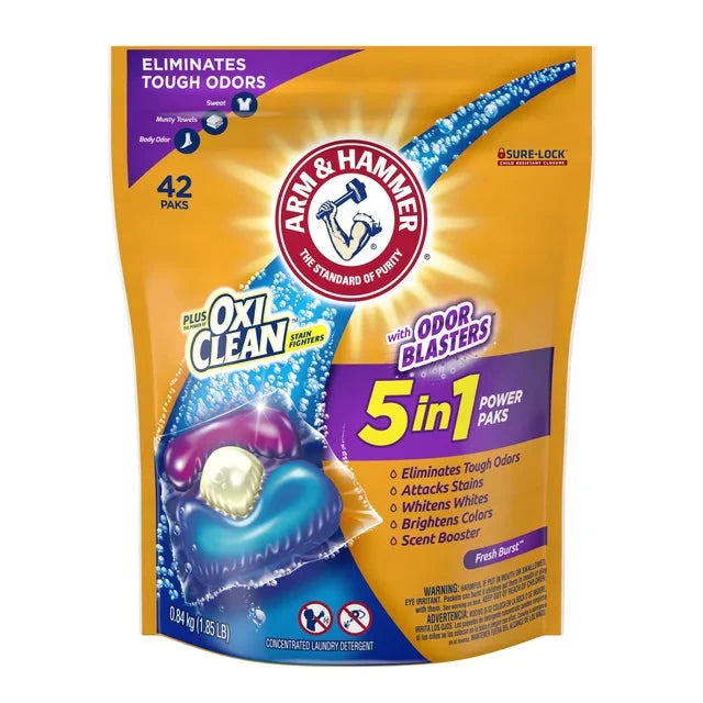 Wholesale prices with free shipping all over United States ARM & HAMMER Plus OxiClean with Odor Blasters 5-in-1 Fresh Burst Laundry Detergent Power Paks, 42 Count Bag - Steven Deals