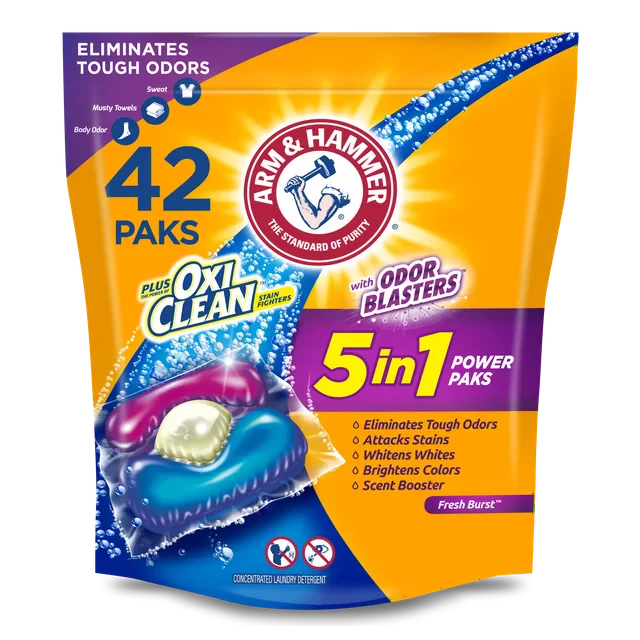 Wholesale prices with free shipping all over United States ARM & HAMMER Plus OxiClean with Odor Blasters 5-in-1 Fresh Burst Laundry Detergent Power Paks, 42 Count Bag - Steven Deals