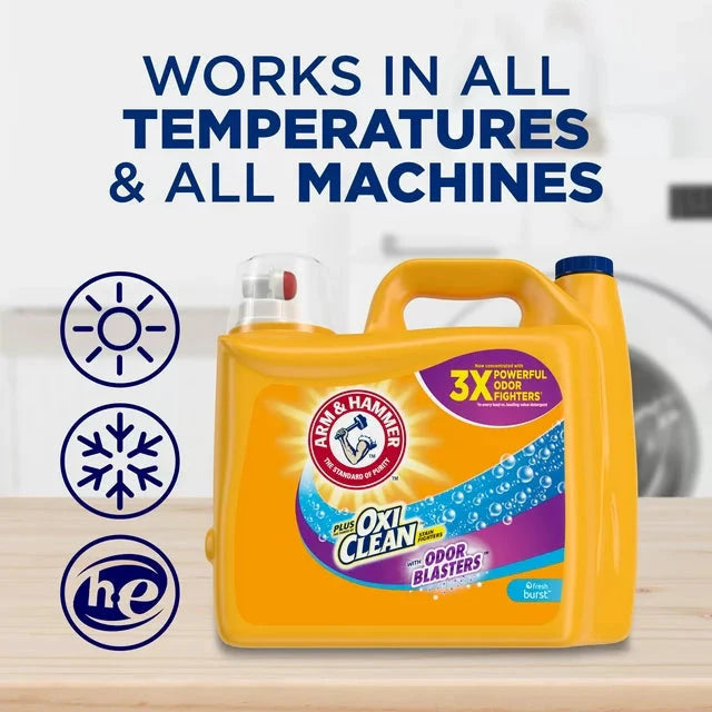 Wholesale prices with free shipping all over United States Arm & Hammer Plus OxiClean Odor Blaster Fresh Burst, 128 Loads Liquid Laundry Detergent, 166.5 fl oz - Steven Deals