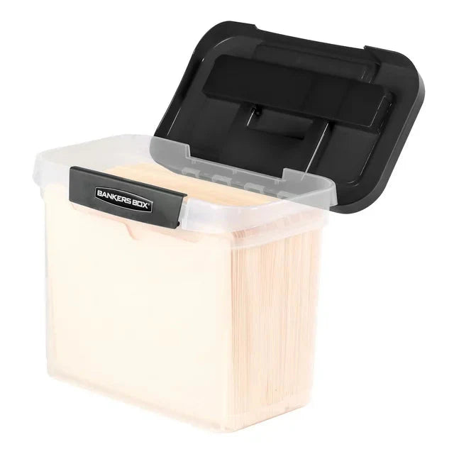 Wholesale prices with free shipping all over United States Bankers Box Clear Plastic Portable File Box with Black Lid, 1 Pack - Steven Deals