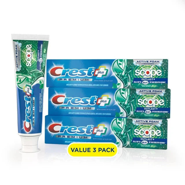Wholesale prices with free shipping all over United States Crest Premium Plus Scope Outlast Toothpaste, Long Lasting Mint Flavor 5.2 oz, Pack of 3 - Steven Deals