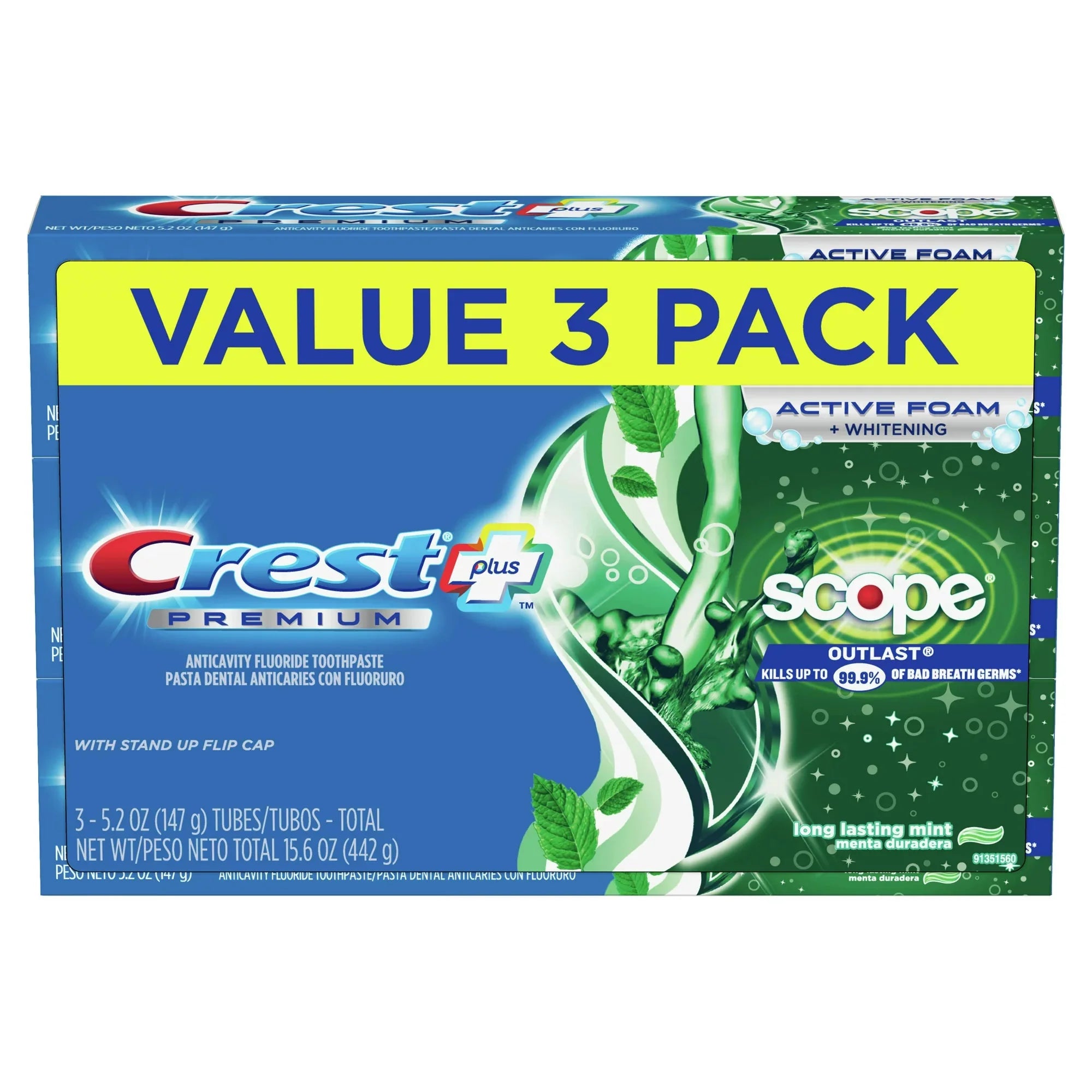 Wholesale prices with free shipping all over United States Crest Premium Plus Scope Outlast Toothpaste, Long Lasting Mint Flavor 5.2 oz, Pack of 3 - Steven Deals