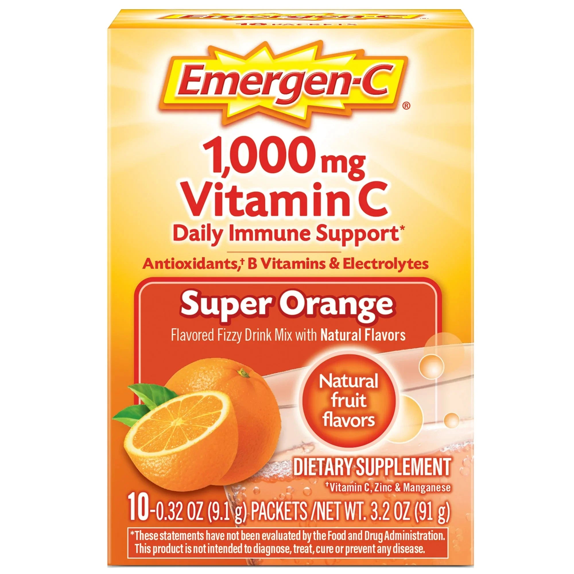 Wholesale prices with free shipping all over United States Emergen-C 1000mg Vitamin C Powder, with Antioxidants, B Vitamins and Electrolytes for Immune Support, Caffeine Free Vitamin C Supplement Fizzy Drink Mix, Super Orange Flavor - 10 Count - Steven Deals
