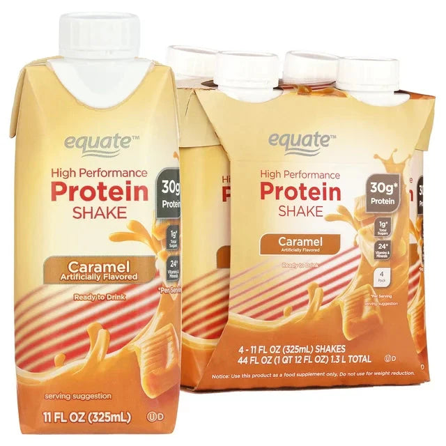 Wholesale prices with free shipping all over United States Equate High Performance Protein Shake, Caramel, 11 fl oz, 4 Ct - Steven Deals