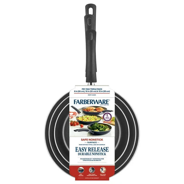 Wholesale prices with free shipping all over United States Farberware 3-Piece Easy Clean Aluminum Non-Stick Frying Pan, Fry Pan, Skillet Set, Black - Steven Deals