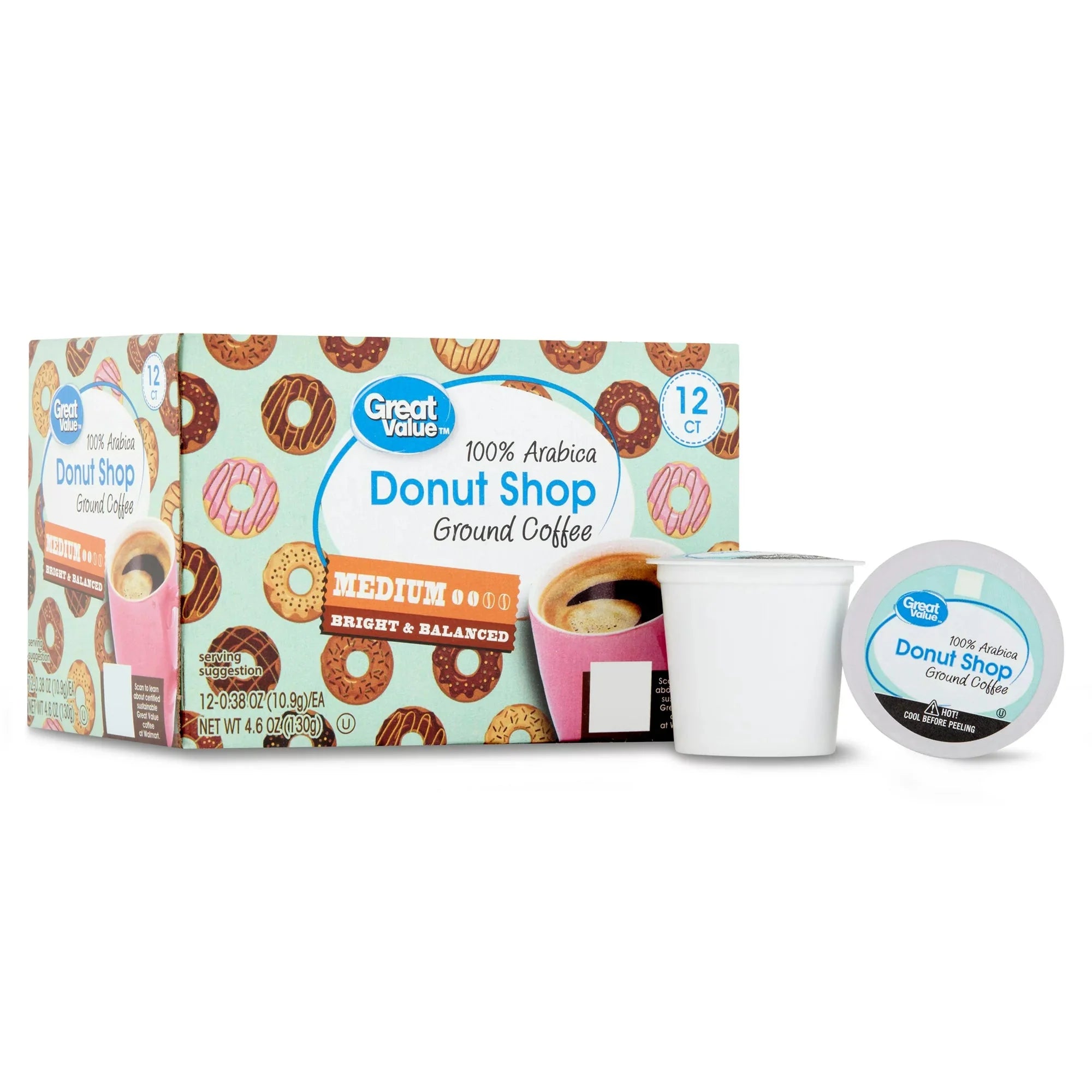 Wholesale prices with free shipping all over United States Great Value Donut Shop 100% Arabica Medium Roast Ground Coffee Pods, 12 Ct - Steven Deals