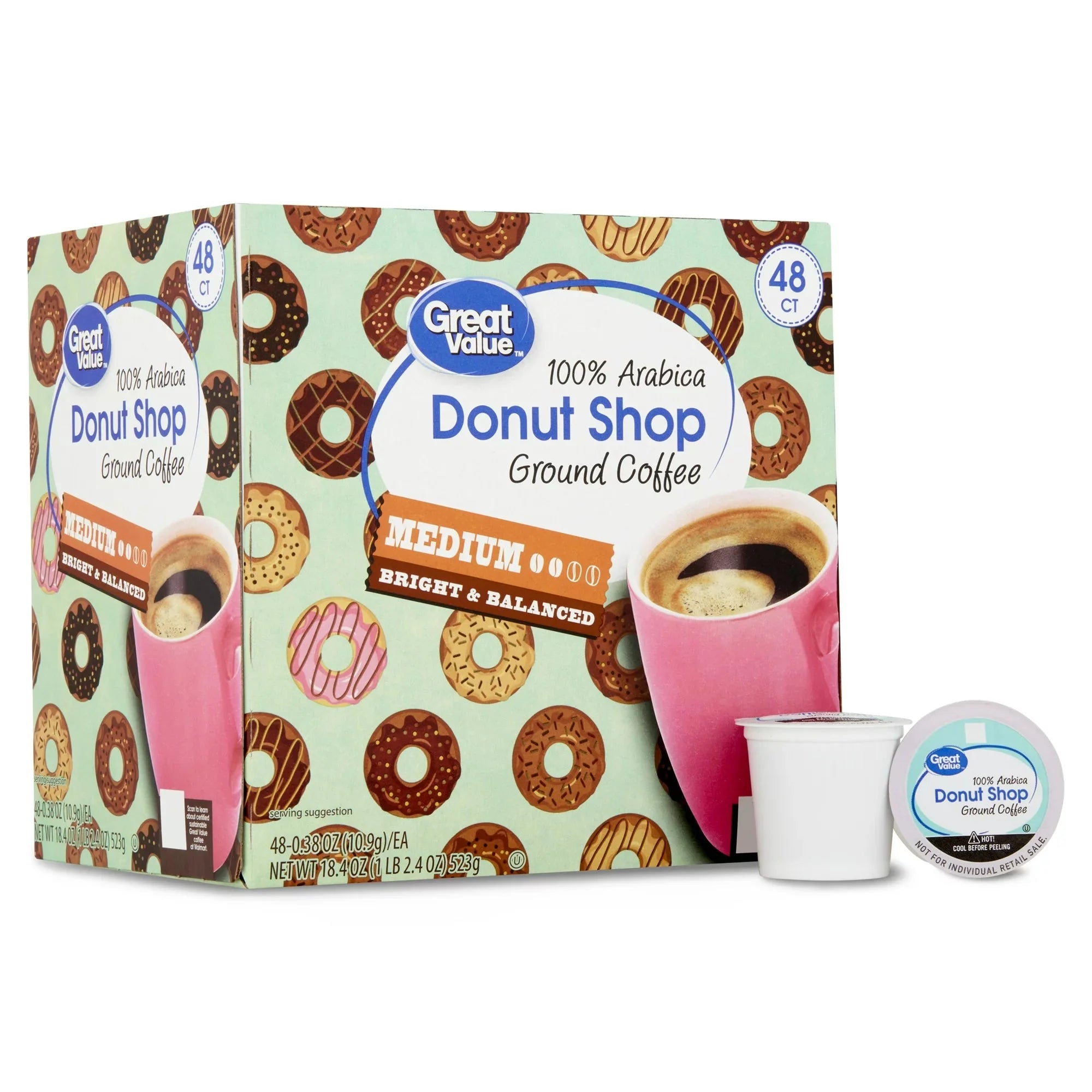 Wholesale prices with free shipping all over United States Great Value Donut Shop 100% Arabica Medium Roast Ground Coffee Pods, 48 Ct - Steven Deals