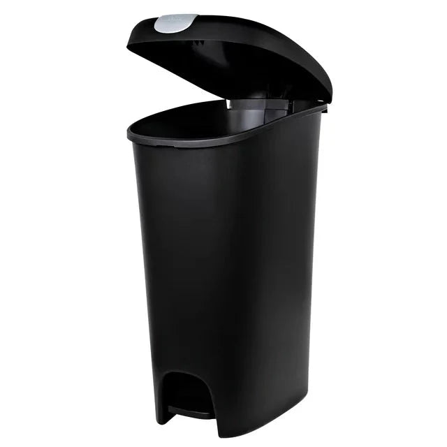 Wholesale prices with free shipping all over United States Hefty 12 Gallon Trash Can, Plastic Slim Lockable StepOn Kitchen Trash Can, Black - Steven Deals