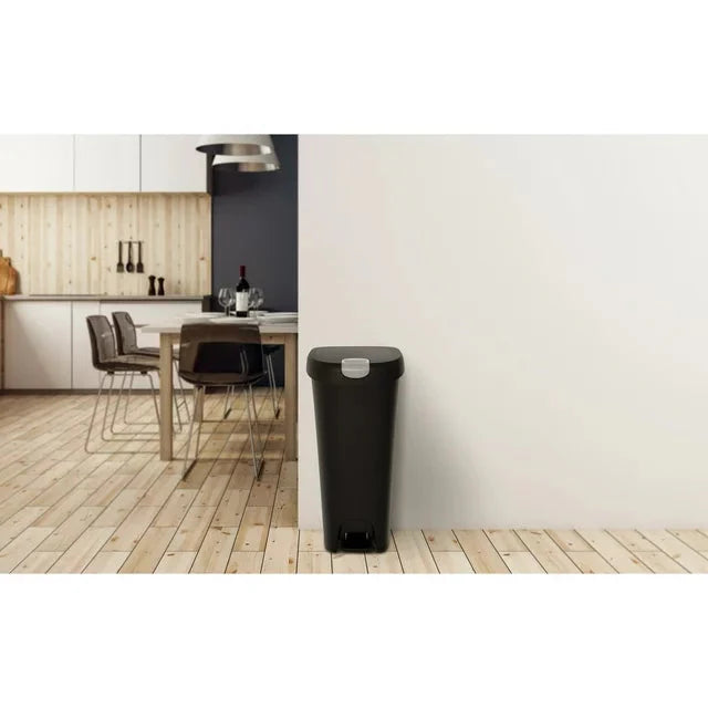 Wholesale prices with free shipping all over United States Hefty 12 Gallon Trash Can, Plastic Slim Lockable StepOn Kitchen Trash Can, Black - Steven Deals