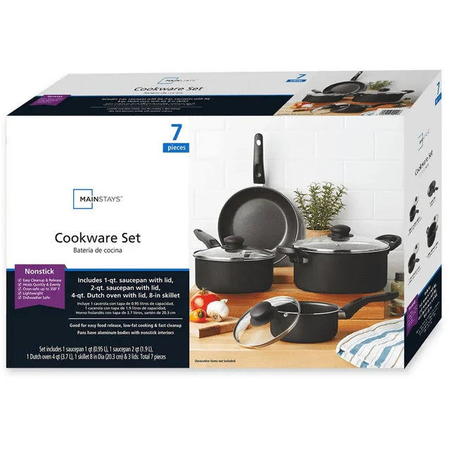 Wholesale prices with free shipping all over United States Mainstays 7 Piece Nonstick Cookware Set, Black - Steven Deals