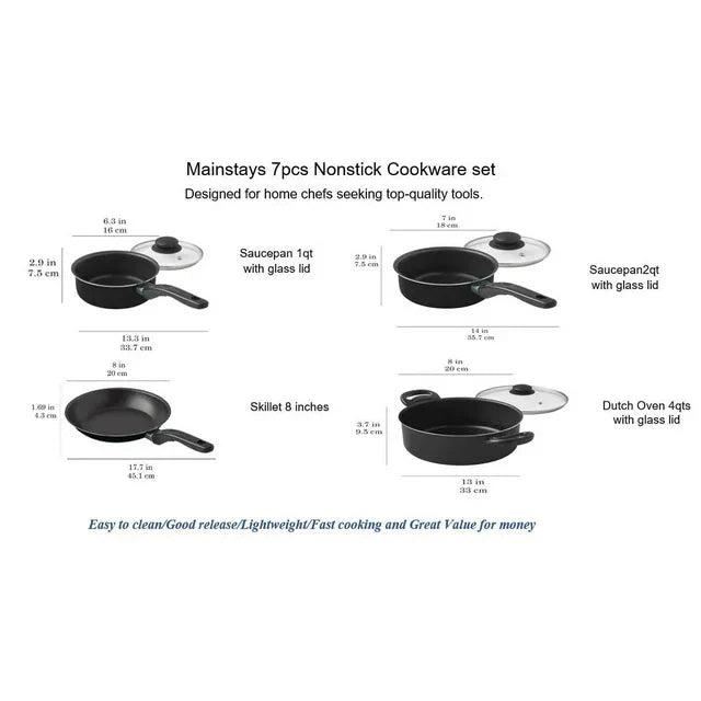 Wholesale prices with free shipping all over United States Mainstays 7 Piece Nonstick Cookware Set, Black - Steven Deals