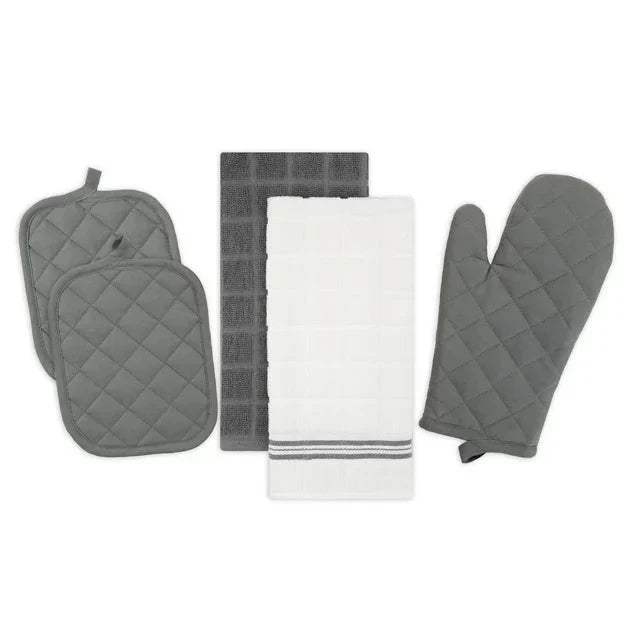 Wholesale prices with free shipping all over United States Mainstays Kitchen Towel, Oven Mitt & Pot Holder Kitchen Set, 5 Piece, Gray - Steven Deals
