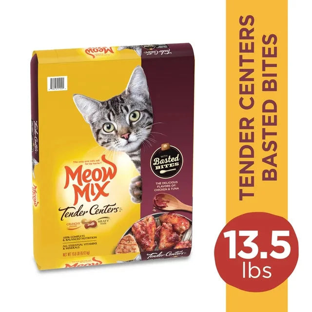 Wholesale prices with free shipping all over United States Meow Mix Tender Centers with Basted Bites, Chicken and Tuna Flavored Dry Cat Food, 13.5-Pound - Steven Deals