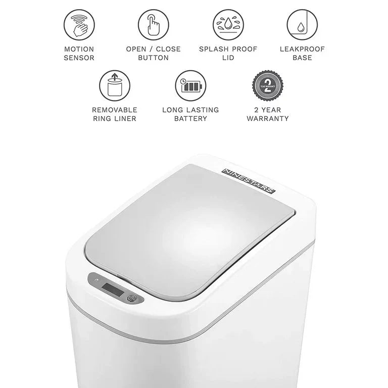Wholesale prices with free shipping all over United States Nine Stars 1.85 Gallon Trash Can, Plastic Motion Sensor Bathroom Trash Can, White, Pack of 1 - Steven Deals