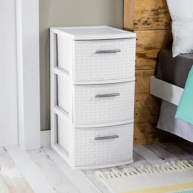 Wholesale prices with free shipping all over United States Sterilite 3 Drawer Weave Tower, White - Steven Deals
