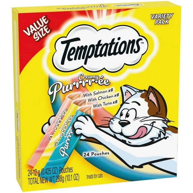 Wholesale prices with free shipping all over United States Temptations Creamy Puree Lickable Treats Variety Pack for Cats, 0.42 oz Pouch (24 Pack) - Steven Deals