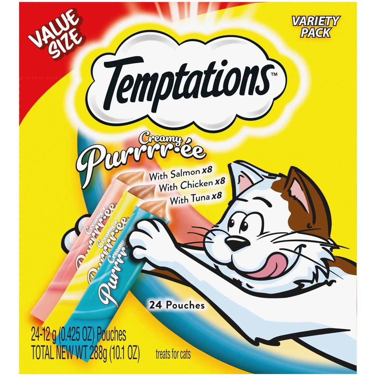 Wholesale prices with free shipping all over United States Temptations Creamy Puree Lickable Treats Variety Pack for Cats, 0.42 oz Pouch (24 Pack) - Steven Deals