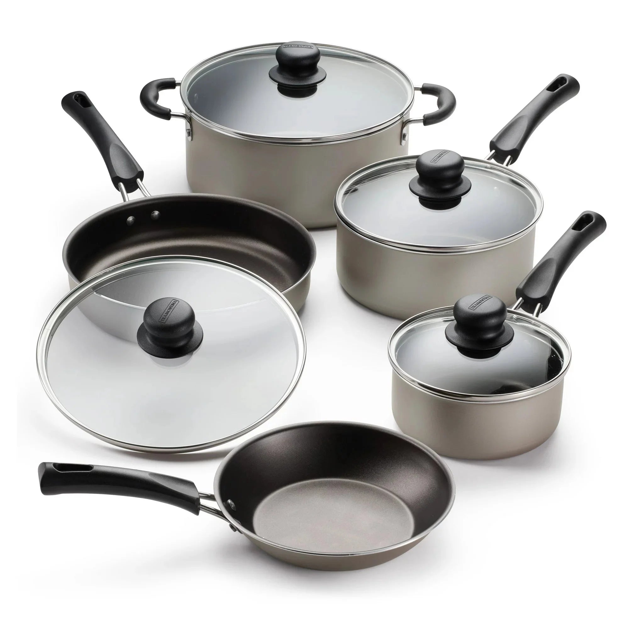 Wholesale prices with free shipping all over United States Tramontina 9-Piece Non-Stick Cookware Set, Champagne - Steven Deals
