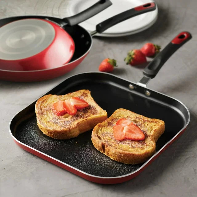 Wholesale prices with free shipping all over United States Tramontina Everyday 3 Pieces Aluminum Non-stick Fry Pan and Griddle Set – Metallic Red - Steven Deals